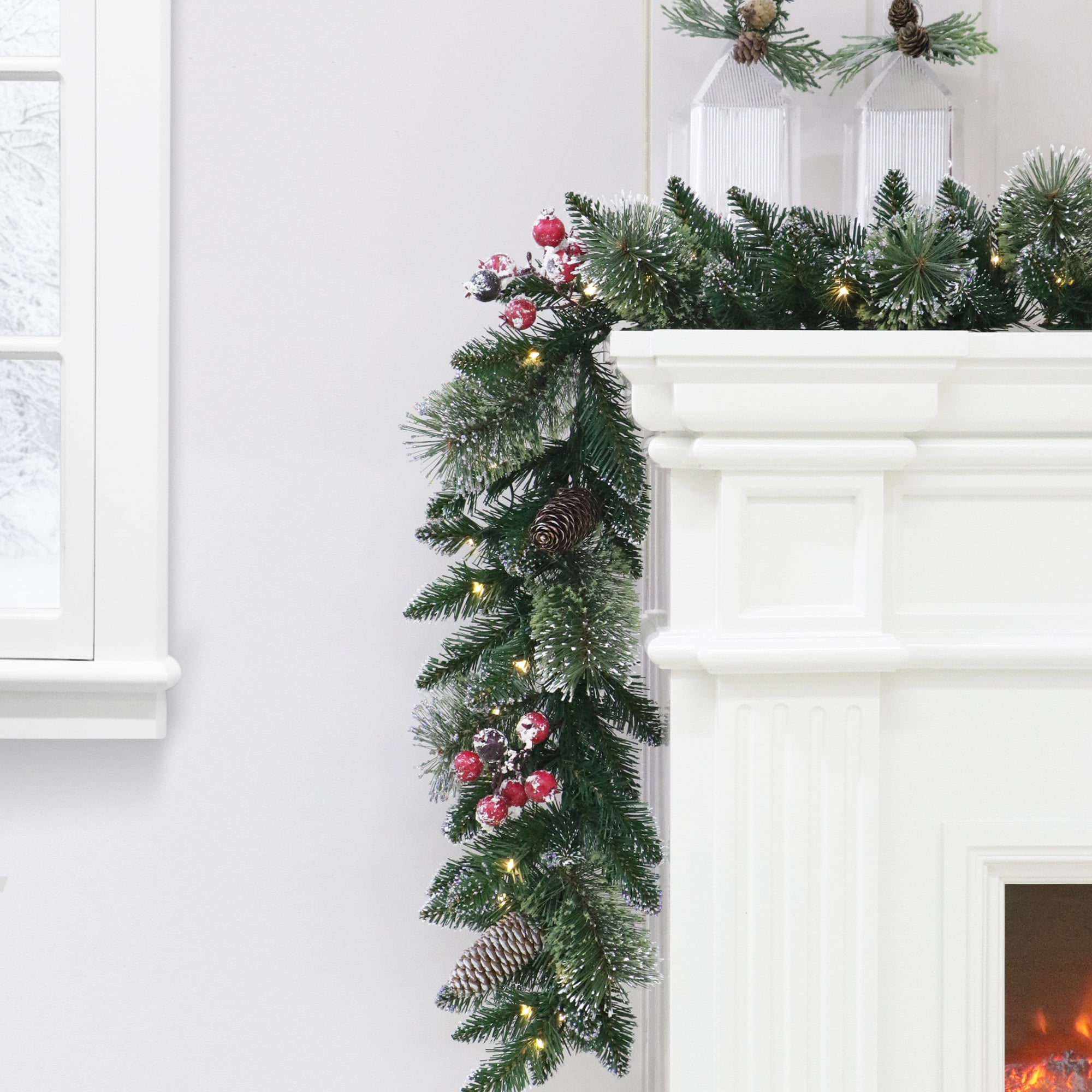 Holiday Time 9' Pre-lit Frosted Christmas Garland, Green, LED, 9` GLITTERED GARLAND