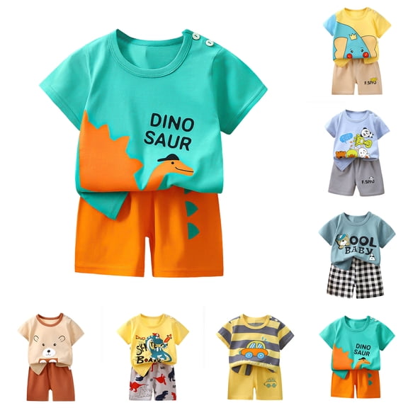 felwors Toddler Boys Summer Clothes Kids Dinosaur Outfit Short Sleeve T Shirt Shorts Sets 3M-6T (18-24 Months,Light Green)