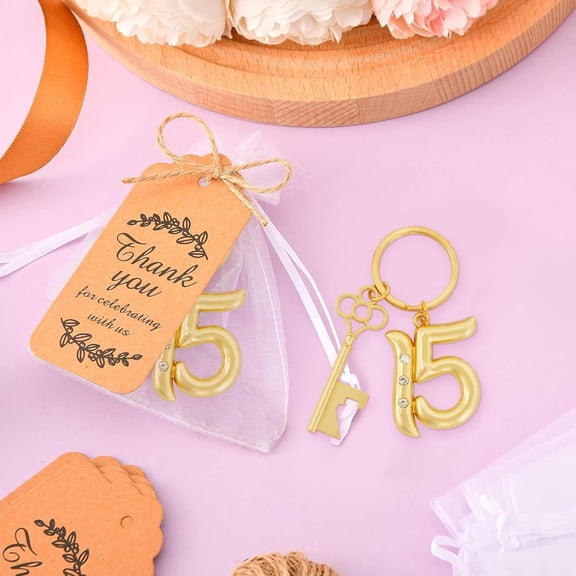 50Pcs 15th Quinceañera Key Bottle Openers Keychain Bulk 15 Birthday Party Favors, 15th Beer Key Chain Ring Bottle Opener Wedding Anniversary Return Gifts Party Decorations or Souvenirs for Guests