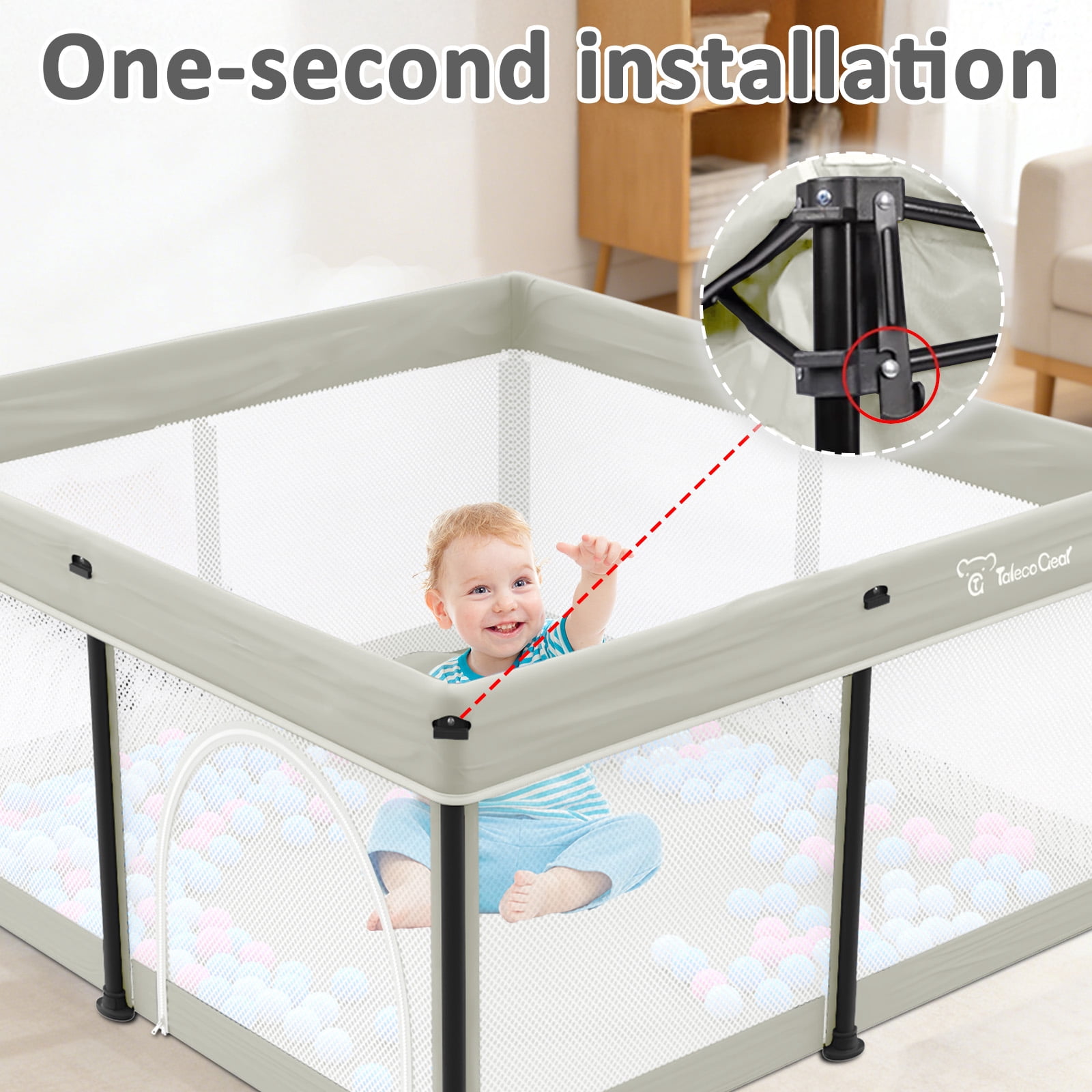 Foldable Baby Playpen with Mat, Collapsible Play Pen for Babies and Toddlers, Indoor & Outdoor Kids Safety Play Pen, Portable Play Yard with 50 Ocean Balls, 50"×50", Beige