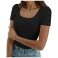 thumbnail image 1 of Women's Summer Short Sleeve Square Neck Ribbed Knit Fitted Tee Top Casual Comfort Stretch Shirt, 1 of 5