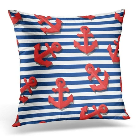 Navy Block - USART Black Kids with 3D Red Anchors and Blue Navy Stripes Summer Marine Striped Design for Flat Symbol White Pillow Case Pillow Cover 20x20 inch