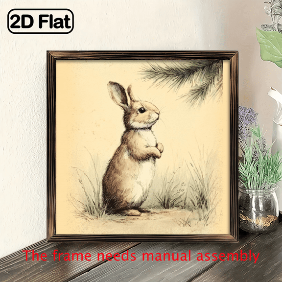 2D Flat 1pc Vintage Farmhouse Bunny Rabbit Wall Art - Hand-Painted-Look WoodFramed Painting, 8x8 Rustic White Rabbit in Grass Sign for Easter, Spring, Bathroom, Bedroom or Country Decor