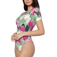 thumbnail image 2 of KLL Women 's Crew Neck Bodysuit Jumpsuits Orchids Flowers Print Short onesies Stretch T Shirts, 2 of 7