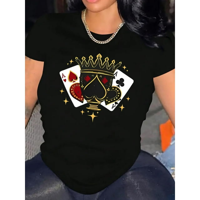 Style Élégant, T-Shirt Graphique Décontracté pour Femmes avec Couronne de Pique - Col Rond Élégant à Manches Courtes, Mélange Polyester Confortable, Parfait pour l'Été, la Fête des Pères, la Fête des Mères, le Nouvel An, le Printemps