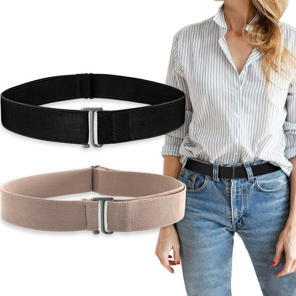 2Pcs No Show Stretch Belt for Women Invisible Elastic Tuck Band, Adjustable Strap Crop Belt with Flat Buckle for Jeans Pants Dresses