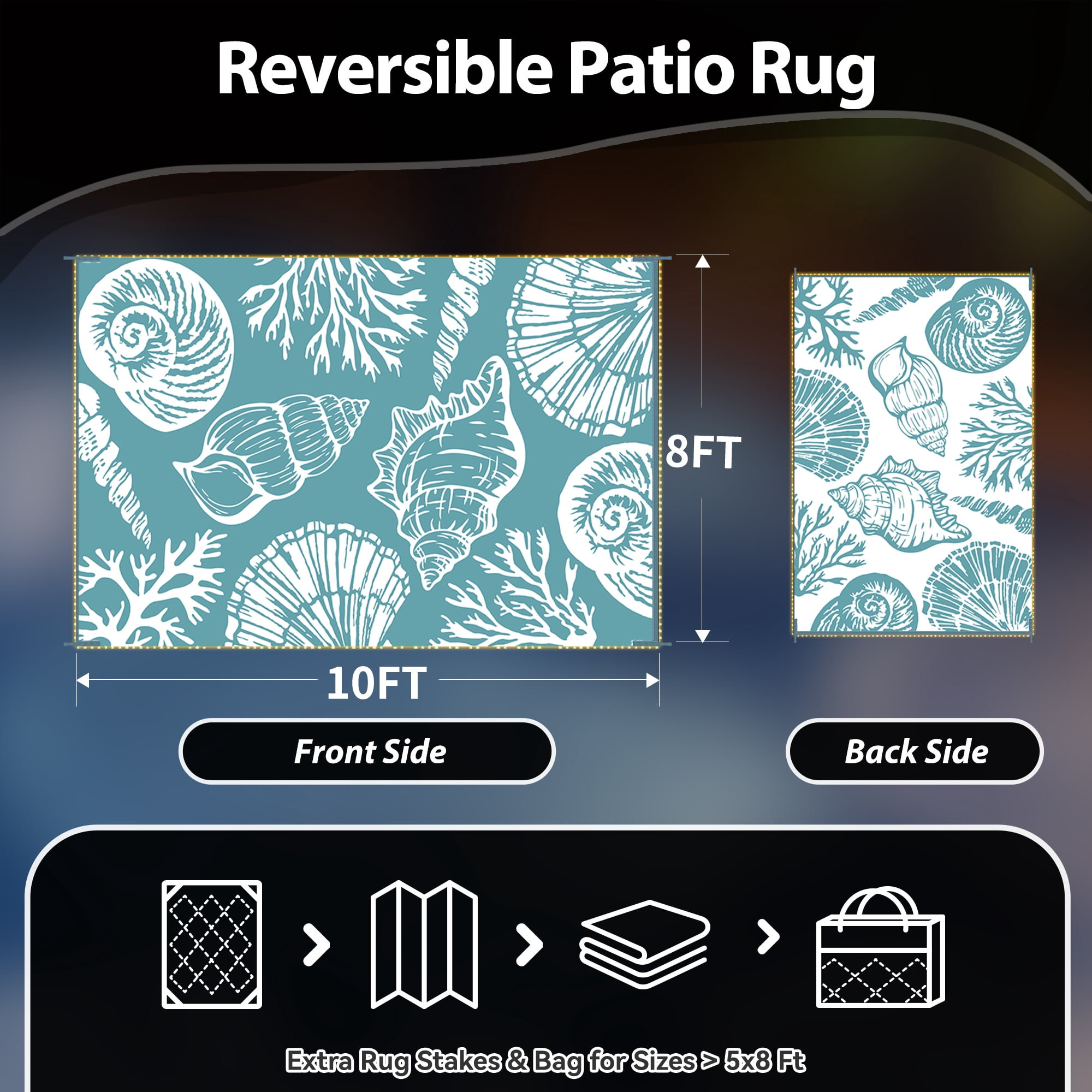 SIXHOME 8'x10' Waterproof Reversible Outdoor Rug with LED Strip Lights, Coastal Ocean-Inspired Patio Rug, Lightweight Woven Plastic Carpet for RV, Camping, Deck & Balcony, Teal