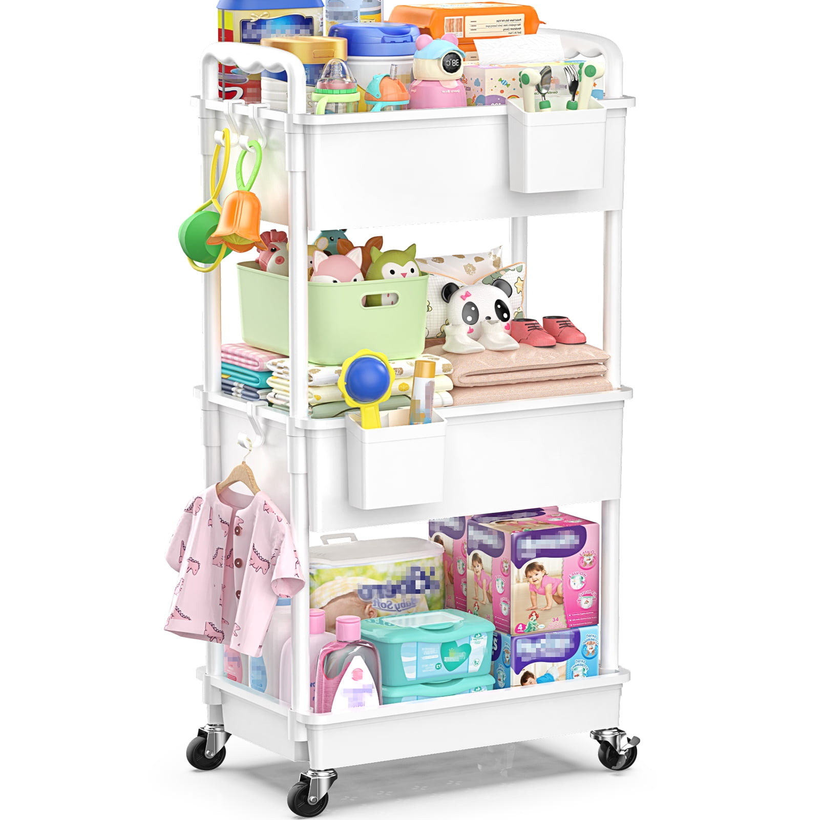 Baby Diaper Caddy Organizer Cart, 3-Tier Rolling Utility Cart with Lockable Wheels for Nursery Essentials, Large Capacity Mobile Storage Carts for Newborn, White