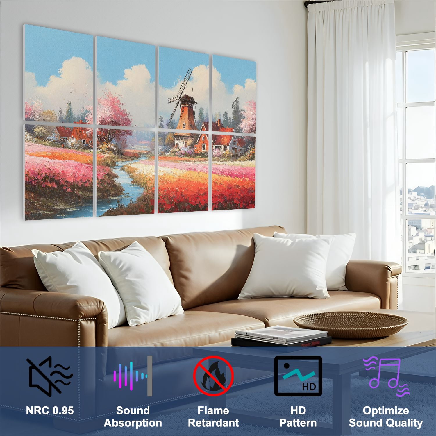 Windmill 8 Pack Art Acoustic Panels Sound Absorbing Whimsical Spring Landscape Tulips Rustic Farmhouses Decorative Soundproof Wall Panels Self Adhesive for Nursery Game Room Bedroom 48"x32"