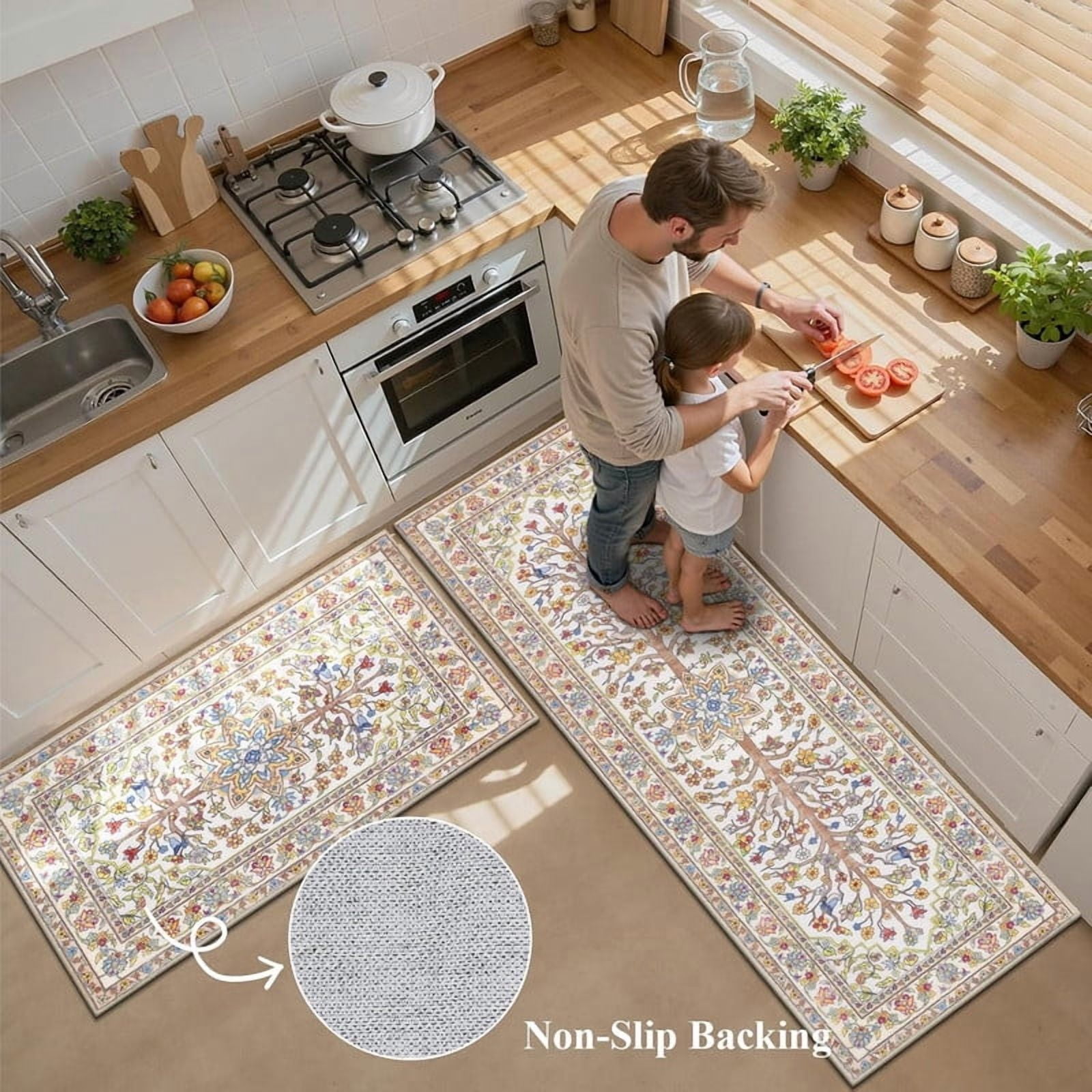 Findosom 3pcs Washable Kitchen Rug Set,Non-Slip Floral Boho Kitchen Mats Kitchen Runner Rug Floor Carpet for Hardwood Floor,Sink,Entryway,Bathroom,Home Decor,20"x32"+20"x48"+20"x59"