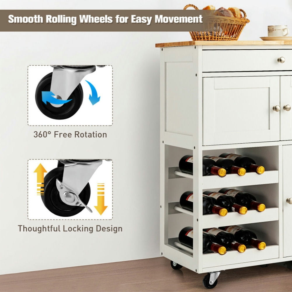 Finihen Rolling Storage Cabinet Cart, Kitchen Island Cart, Kitchen Cart with Rubber Wood Top 3 Tier Wine Racks 2 Cabinets, for Kitchen, Dining Room, White Finihen Rolling Storage Cabinet Cart, Kitchen Island Cart, Kitchen Cart with Rubber Wood Top 3 Tier Wine Racks 2 Cabinets, for Kitchen, Dining Room, White