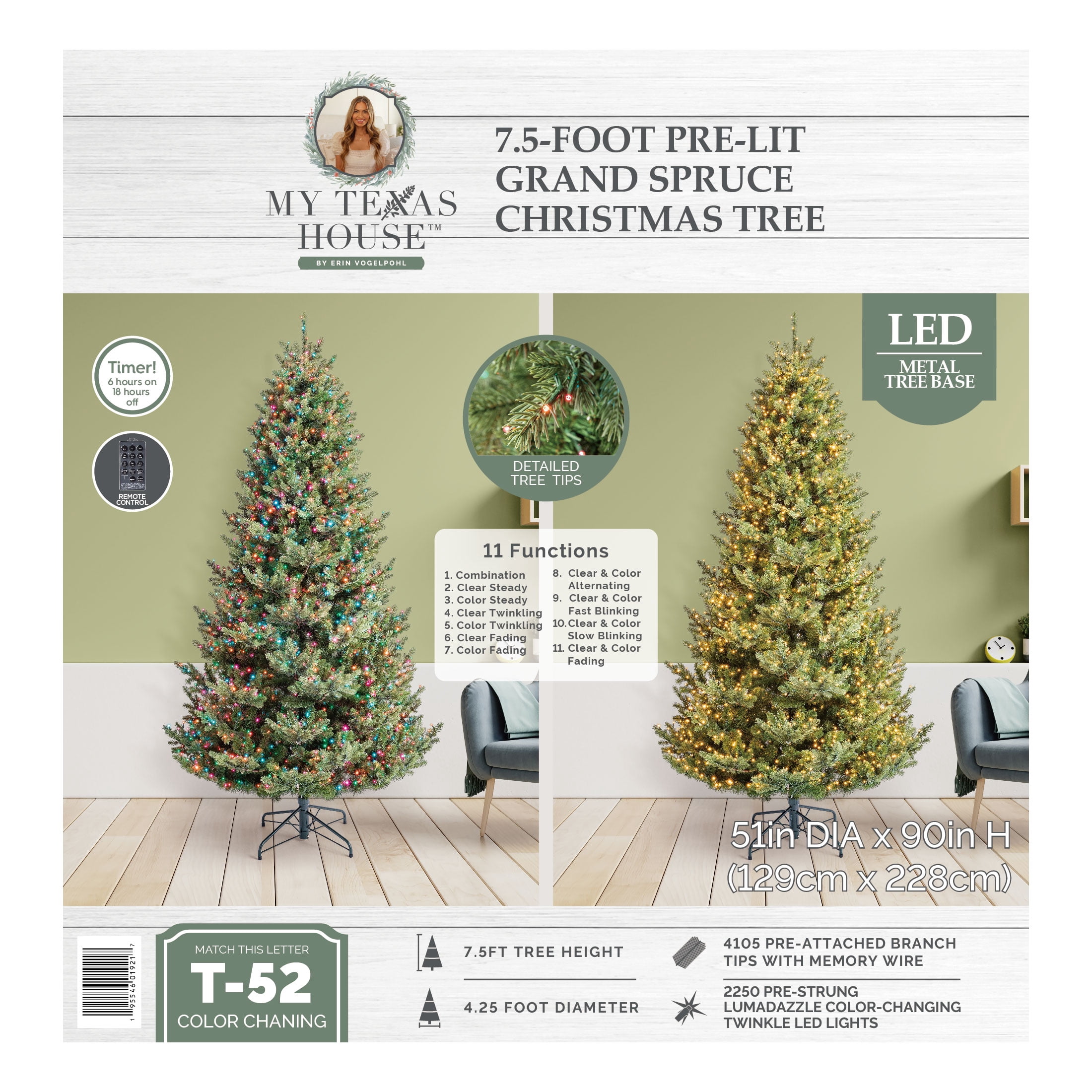 7.5' Pre-Lit Grand Spruce Green Artificial Christmas Tree with 2250 LumaDazzle Color-Changing Twinkle LED Lights, by My Texas House