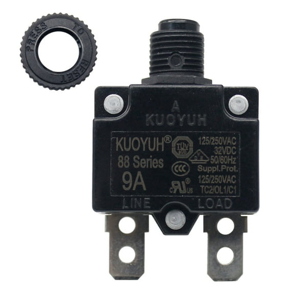 KUOYUH USA 9 Amp 88 Series Quick Connect Terminals Push-to-Reset Thermal Circuit Breaker with Transparent Waterproof Button Dust Cover (1 Pack)