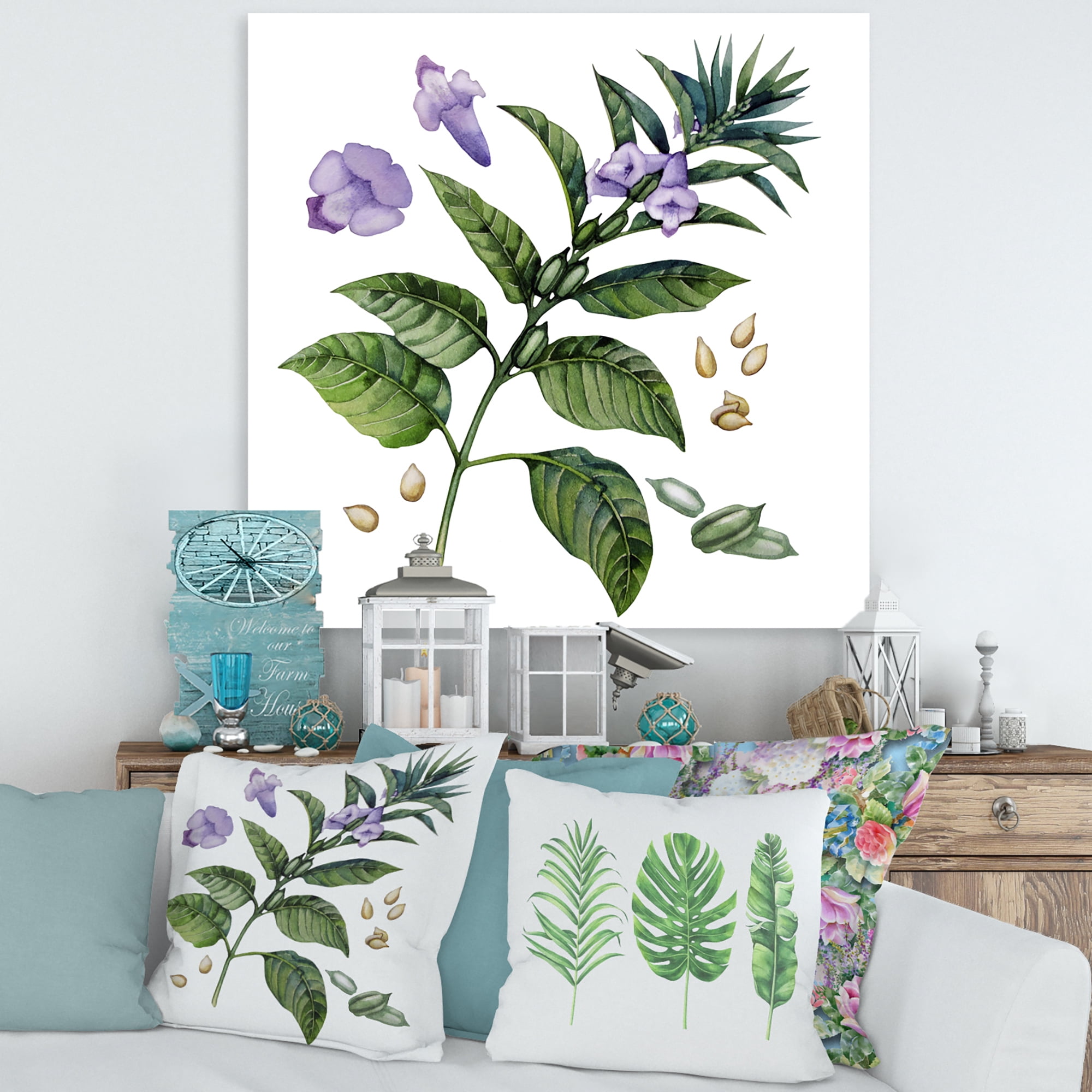 Designart ' Purple Sesame Flowers WIth Green Leaves On White ' Traditional Canvas Wall Art Print