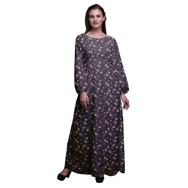 Bimba Robe Maxi à Manches Longues pour Femmes en Georgette Mousse Imprimée de Feuilles et de Tulipes, Taille Élastique - X-Grand