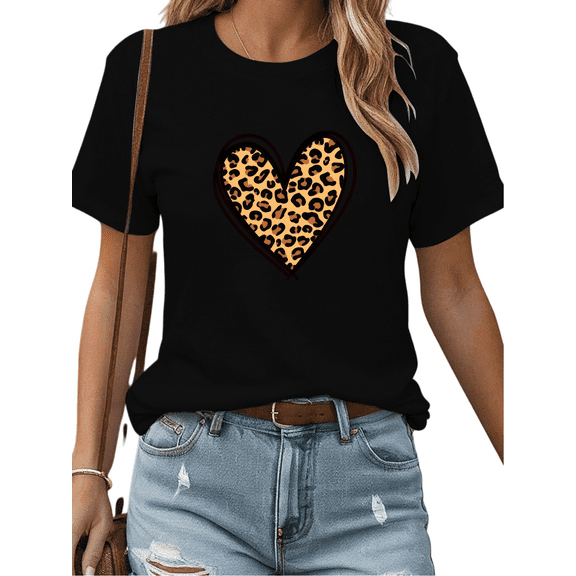 Women's Animal Print T-Shirt - Leopard Heart Graphic Short Sleeve Tee - Wild Romantic Style for Valentine‘s Day Date & Street Wear Tops
