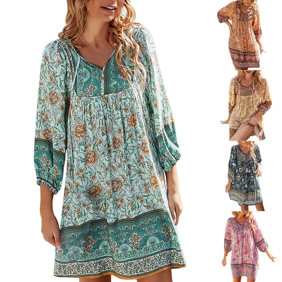 Utoimkio Women's Ruched Floral Long Sleeve Loose Midi Dresses Casual Loose V Neck Knee Length Fall Casual Long Dresses for Women