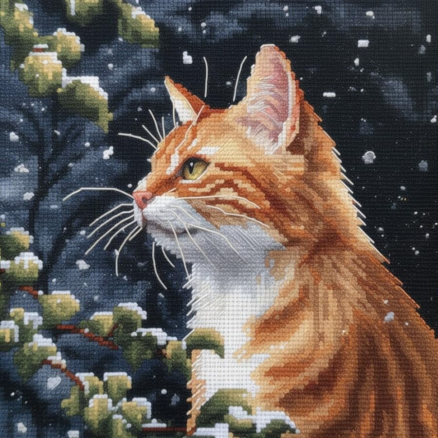 Beginner DIY Stamped Cross Stitch Kit with Embroidery Hoop Pre-Printed Pattern Cat on the Tree DIY Needlepoint Craft Kit for Adults Includes All Supplies Wall Art Decor Gift 50x50cm (D113)