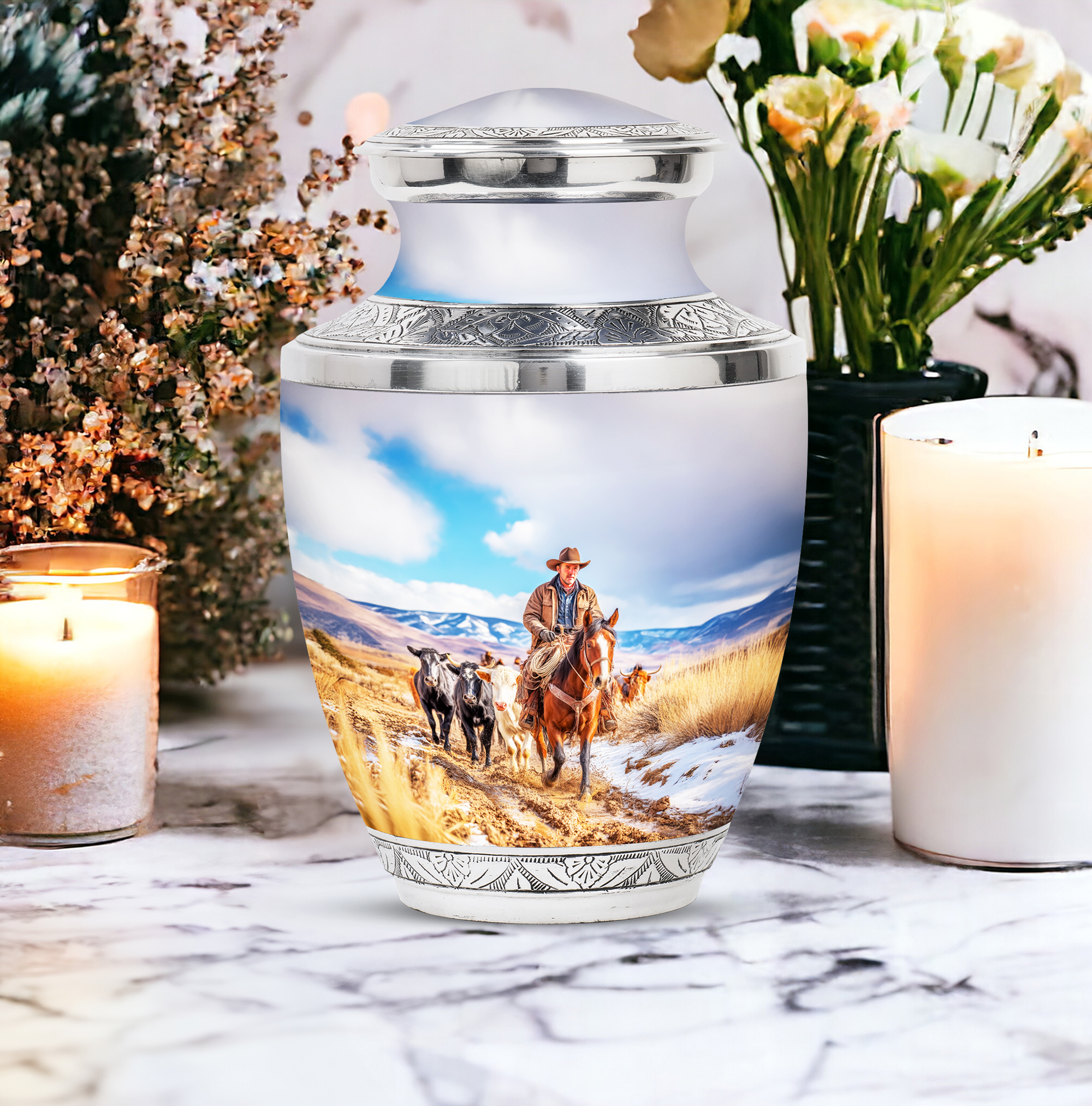 SABURIAL Cowboys Ash Urn for Men & Female - Decorative Urns for Ash - 10 Inch - Large with Velvet Bag - Urns for Human Ashes Large - Human Remains Urn - Memorial Burials for Ashes