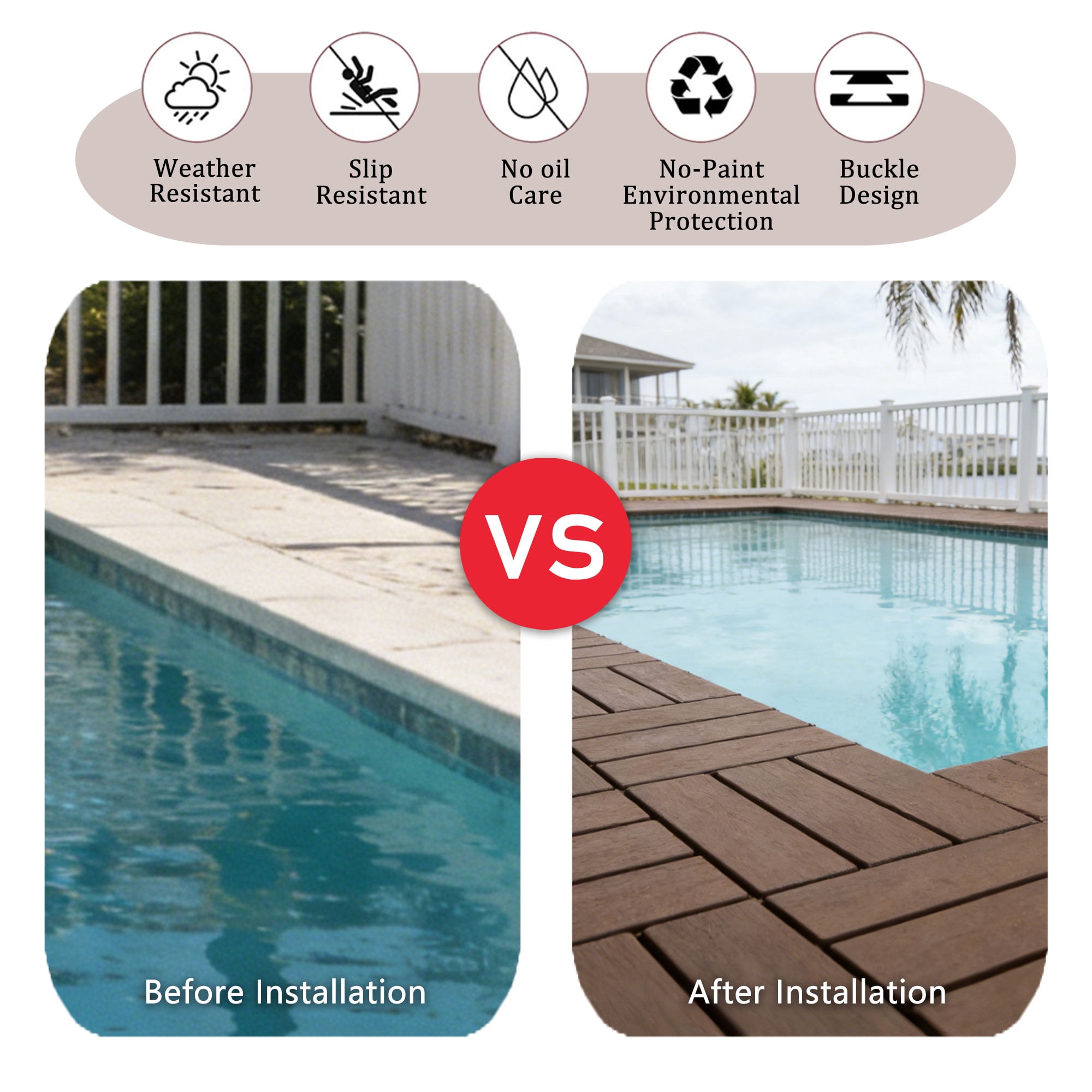 Plastic Interlocking Deck Tiles, 61.60 Sq.Ft Outdoor Plastic Flooring Super Durable & Waterproof All-Weather Indoor/Outdoor Use, 68-Pack 11.42"x11.42"
