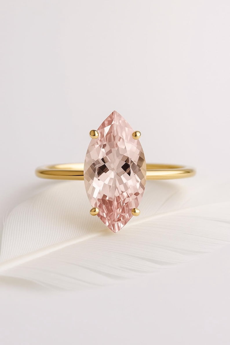 6*8 mm Marquise Cut Morganite Ring, 925 Silver Rose Gold  Solitaire Ring for Women, Wedding Engagement Jewellery, Dainty Fine Ring Anniversary Gift