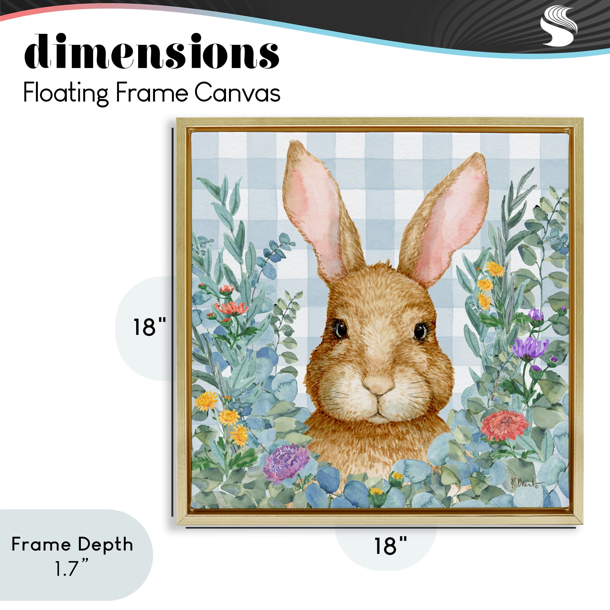 Stupell Industries Rabbit Laurel on Gingham Gold Framed Floater Canvas Wall Art, design by Paul Brent