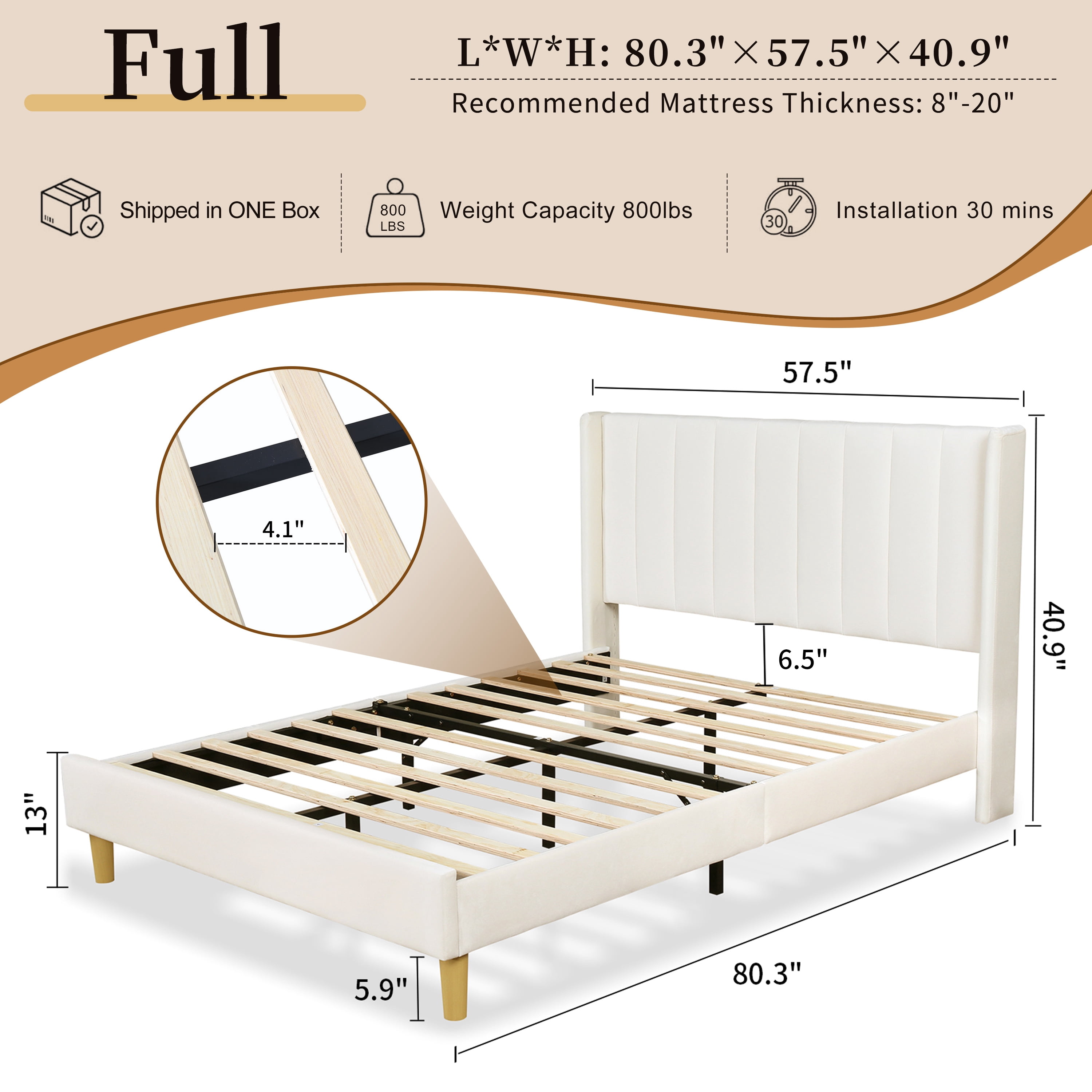 Full Size Upholstered Bed Frame,40.9" High Headboard,Strong Metal Frame,Wooden Slats Support,No Box Spring Needed,Easy Assembly,Velvet Fabric,Cream