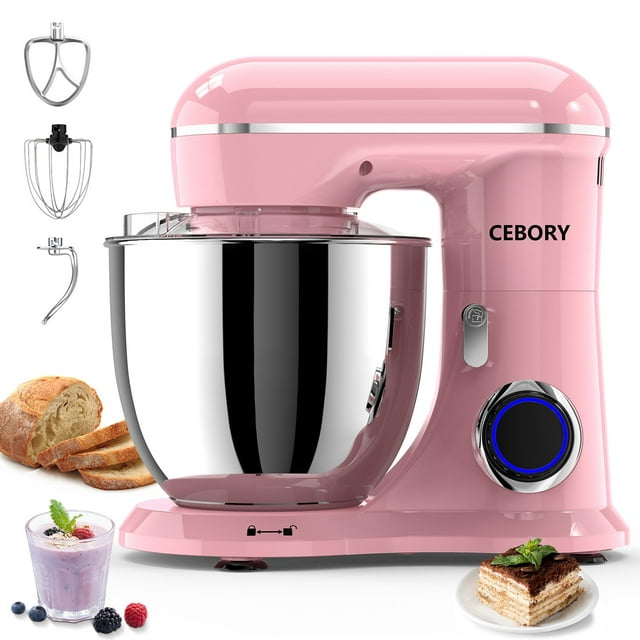Batidora de pie CEBORY 3 en 1, 6,5 L, 660 W, 10 velocidades, con gancho para amasar, rosa