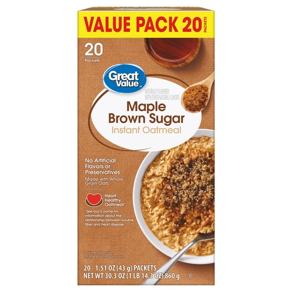 Great Value Maple & Brown Sugar Instant Oatmeal, 1.51 oz, 20 Count