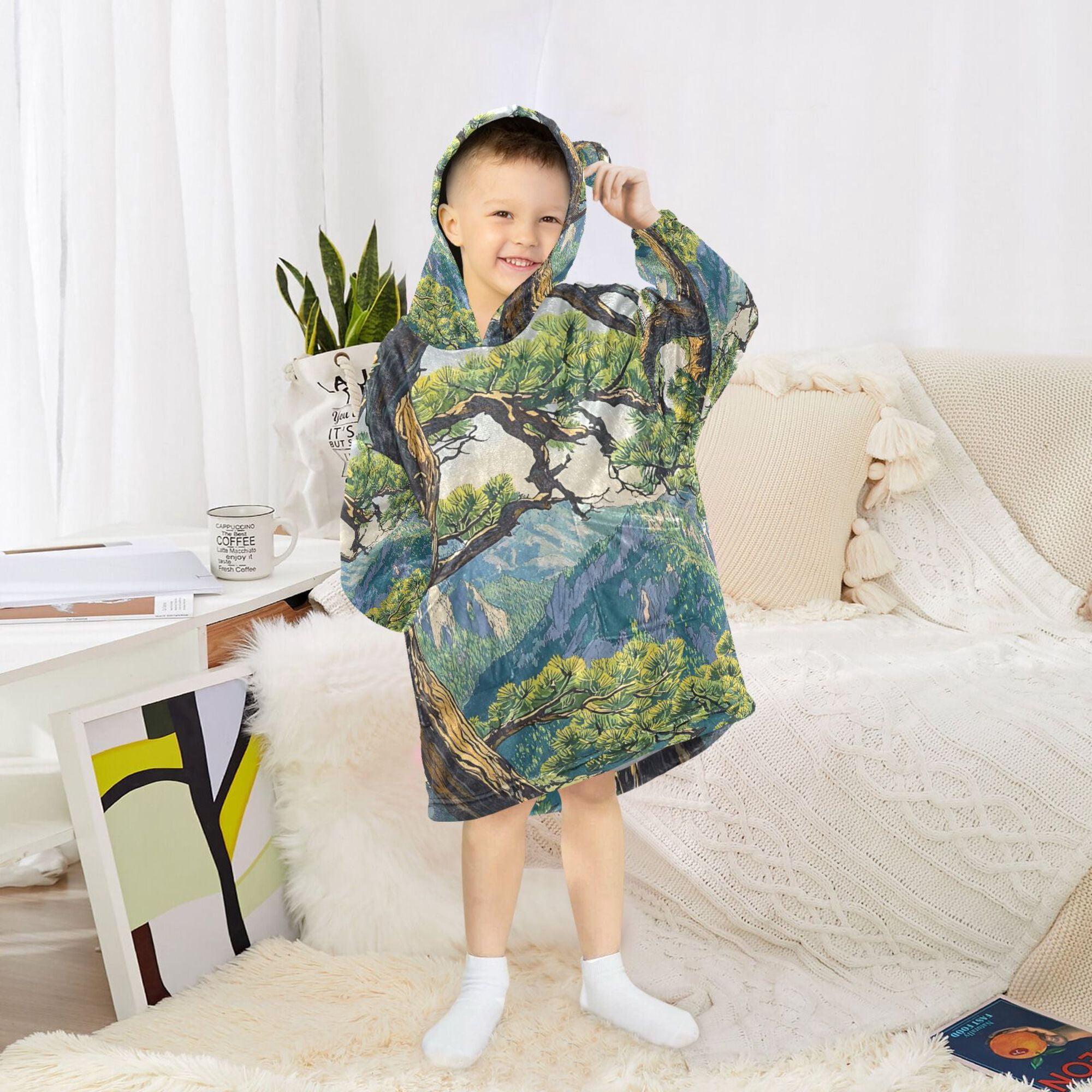 FORMRS Wearable Blanket Hoodie with Sleeves for Kids Cozy Flannel Sweatshirt, Pine Tree