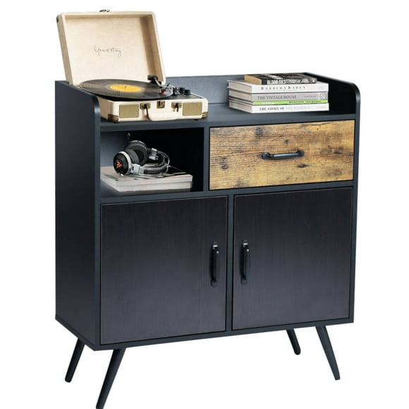 Homylin 2 Door Cabinet with drawer,Full Backsplash Storage Cabinet,Wood Frame with Stable Steel Legs,Black