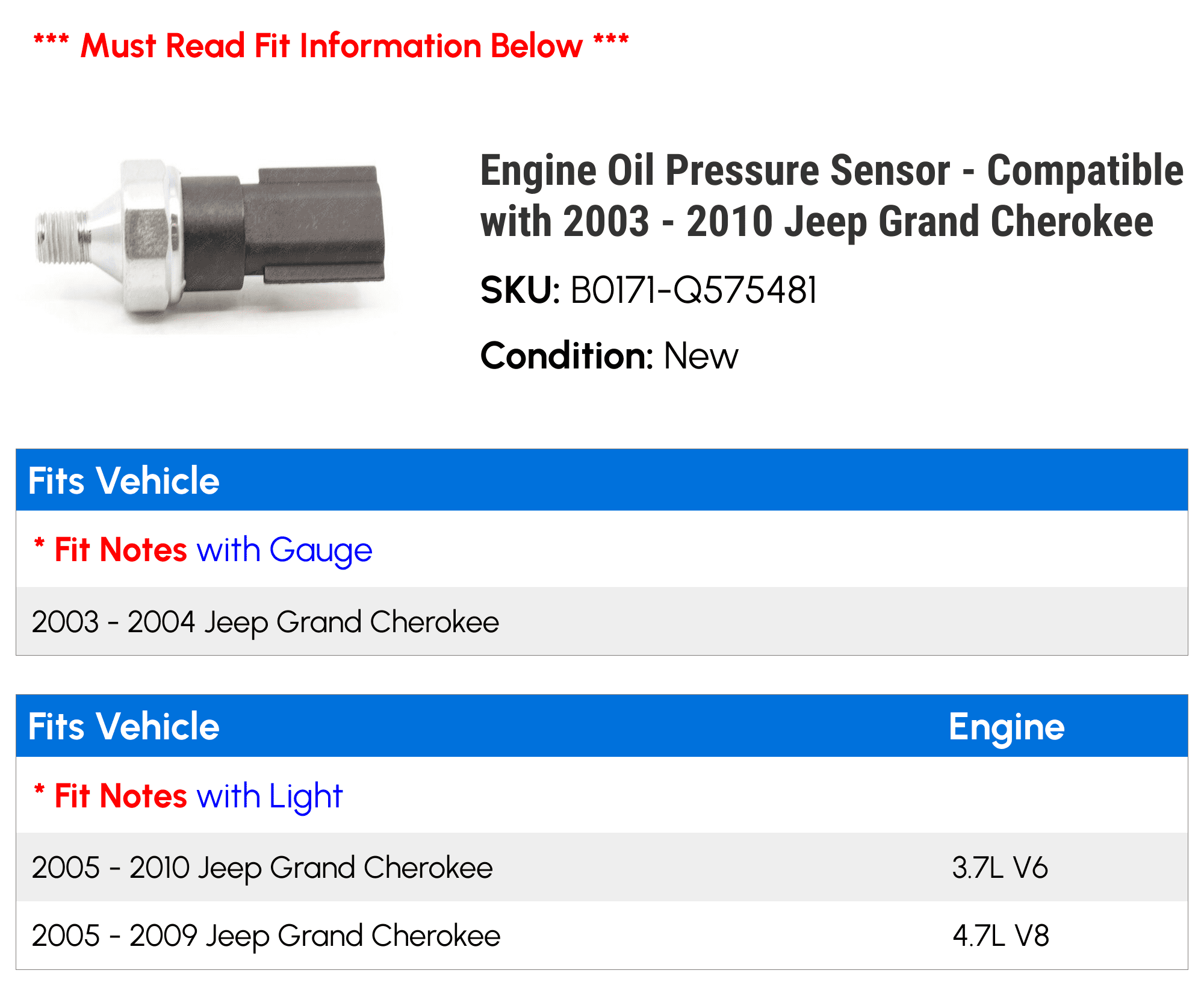 Engine Oil Pressure Sensor - Compatible with 2003 - 2010 Jeep Grand Cherokee 2004 2005 2006 2007 2008 2009