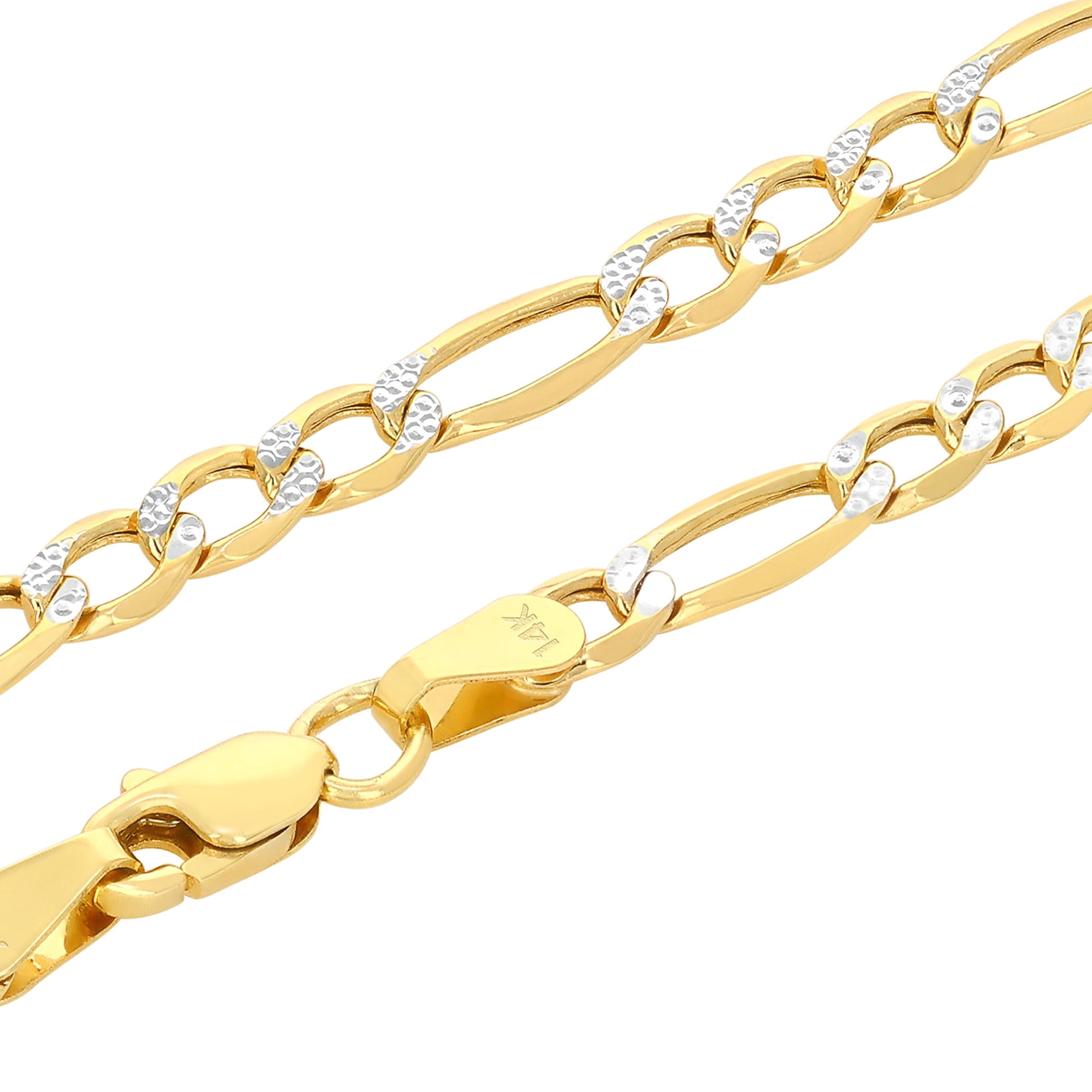 Nuragold 14k Real Yellow Gold Figaro Link 3.5mm Diamond Cut Two Tone Pave Chain Bracelet (7"-9") Italian Jewelry for Men & Women