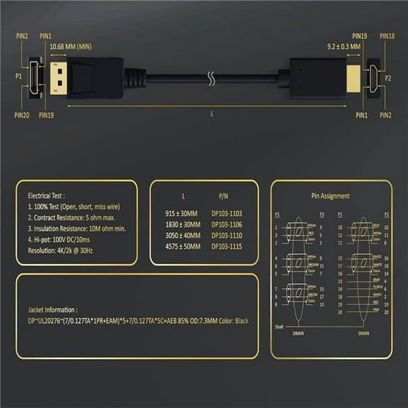 Sanoxy SNX-CBLR-DP103-1106 6 ft. Gold Plated Premium DisplayPort 1.2 to 4K HDMI Male to Male Cable - Black