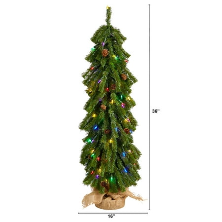 Nearly Natural 3ft. Artificial Christmas Tree with Pinecones and 50 Multicolored Lights Set in a Burlap Base