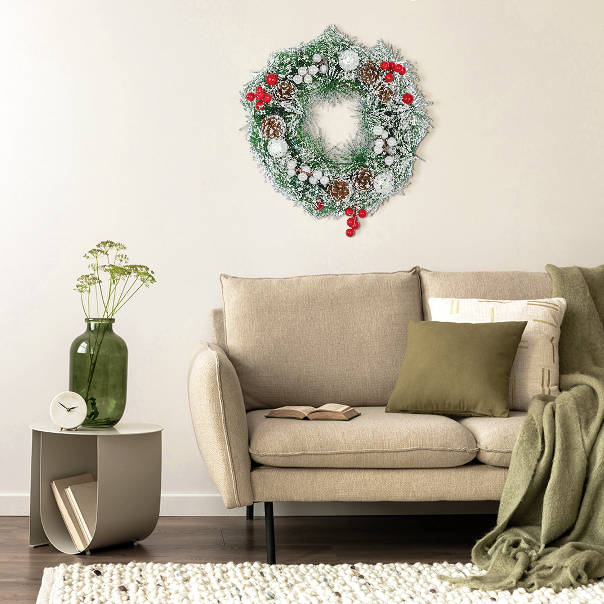 Unique Bargains Christmas Wreath Snowflake White Ball Pinecone Ornaments Wreath White