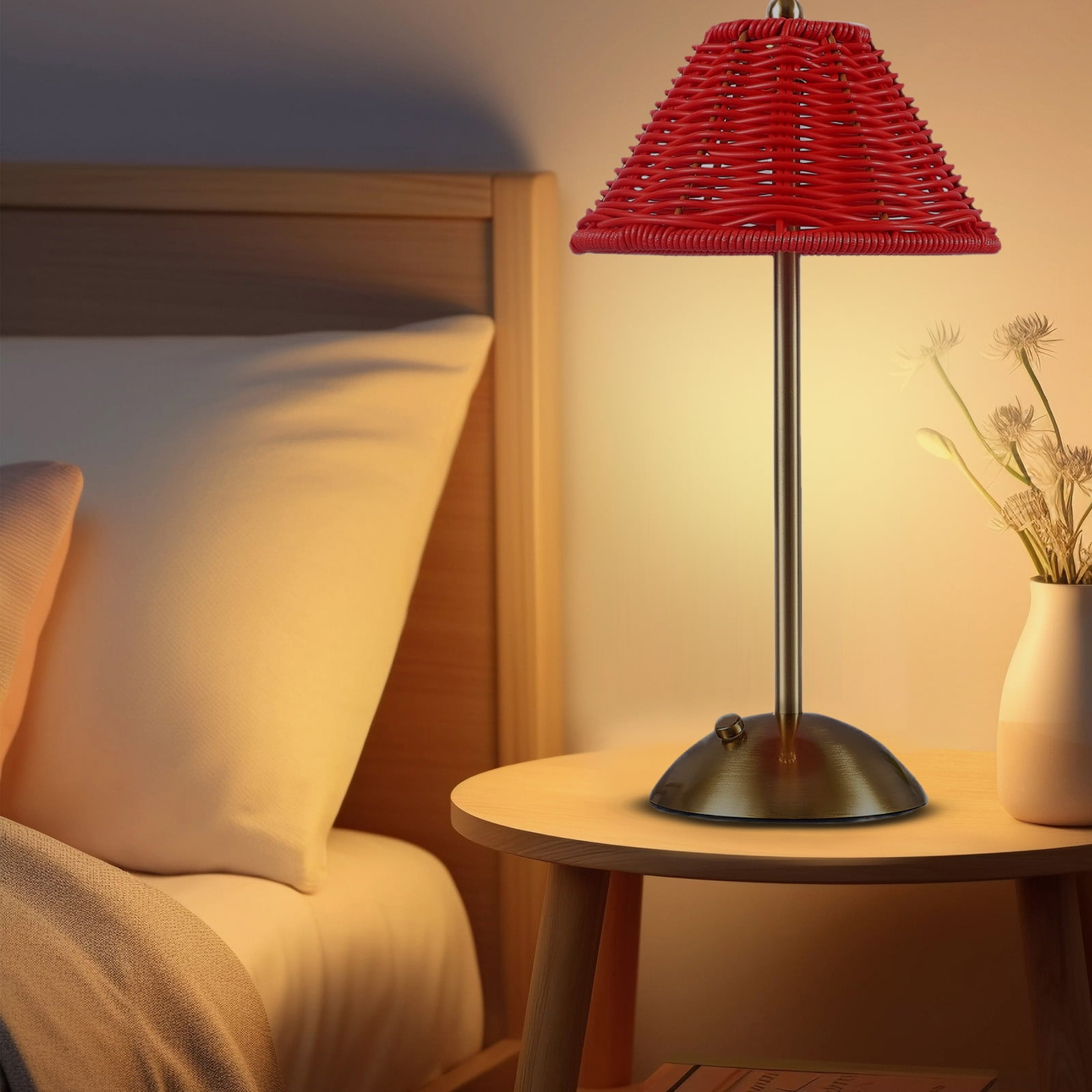 Rechargeable Boho Rattan Table Lamp - Cordless Wicker Night Light, 3 Color Dimmable Touch Control for Bedroom, Living Room, Outdoor Decor (Bamboo Desk Lamp)