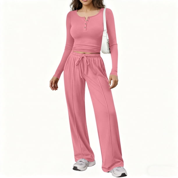 Karight Womens 2 Piece Sets Long Sleeve Slim Fit Crop Tops Wide Leg Pants Matching Lounge Set