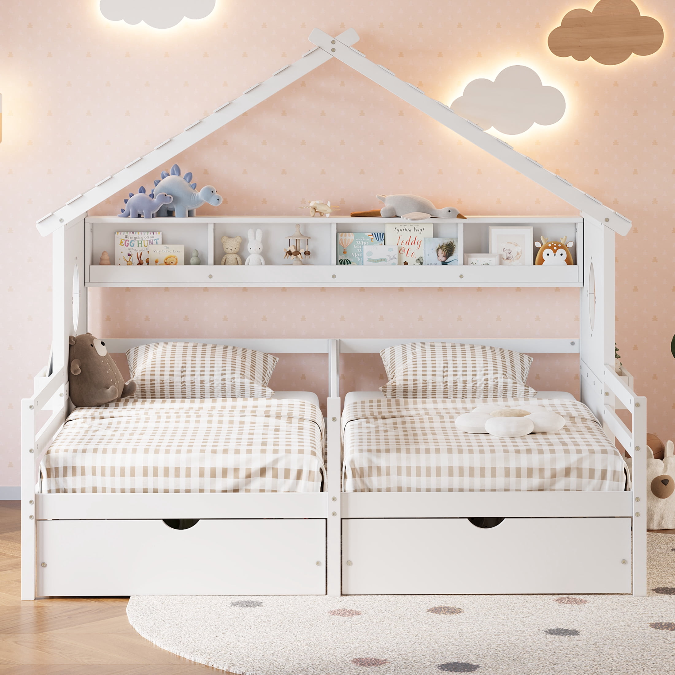 Noble House Twin Kids House Bed with Two Side-by-Side Beds, Bookcase and Under-Bed Drawers, White
