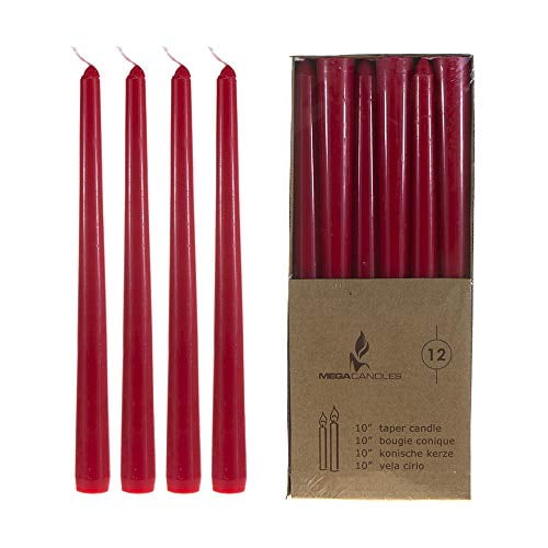 Mega Candles 12 Pcs Bougie Effilée Rouge Non Parfumée, Bougies en Cire Coulée à la Main 10 Pouces x 7/8 Pouces, Décoration Intérieure, Réceptions de Mariage, Douches de Bébé, Anniversaires, Célébrations, Cadeaux de Fête