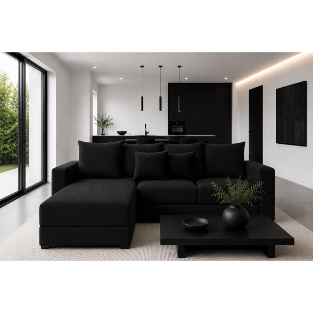 sala esquinera modular el bazar store lombar negro 220 x 160 cm, tela lino nacional — Vista frontal 3/4 de sala esquinera en L con chaise a la izquierda; tapizado en lino nacional negro, asientos con hule espuma de alta densidad, respaldos y cojines rectangulares y cuadrados incluidos. Medidas: Largo 220 cm, Ancho 160 cm, Profundidad 80 cm, Altura 75 cm. Incluye 2 cojines decorativos de regalo que pueden variar de color; consta de 2 piezas que pueden llegar en días distintos.