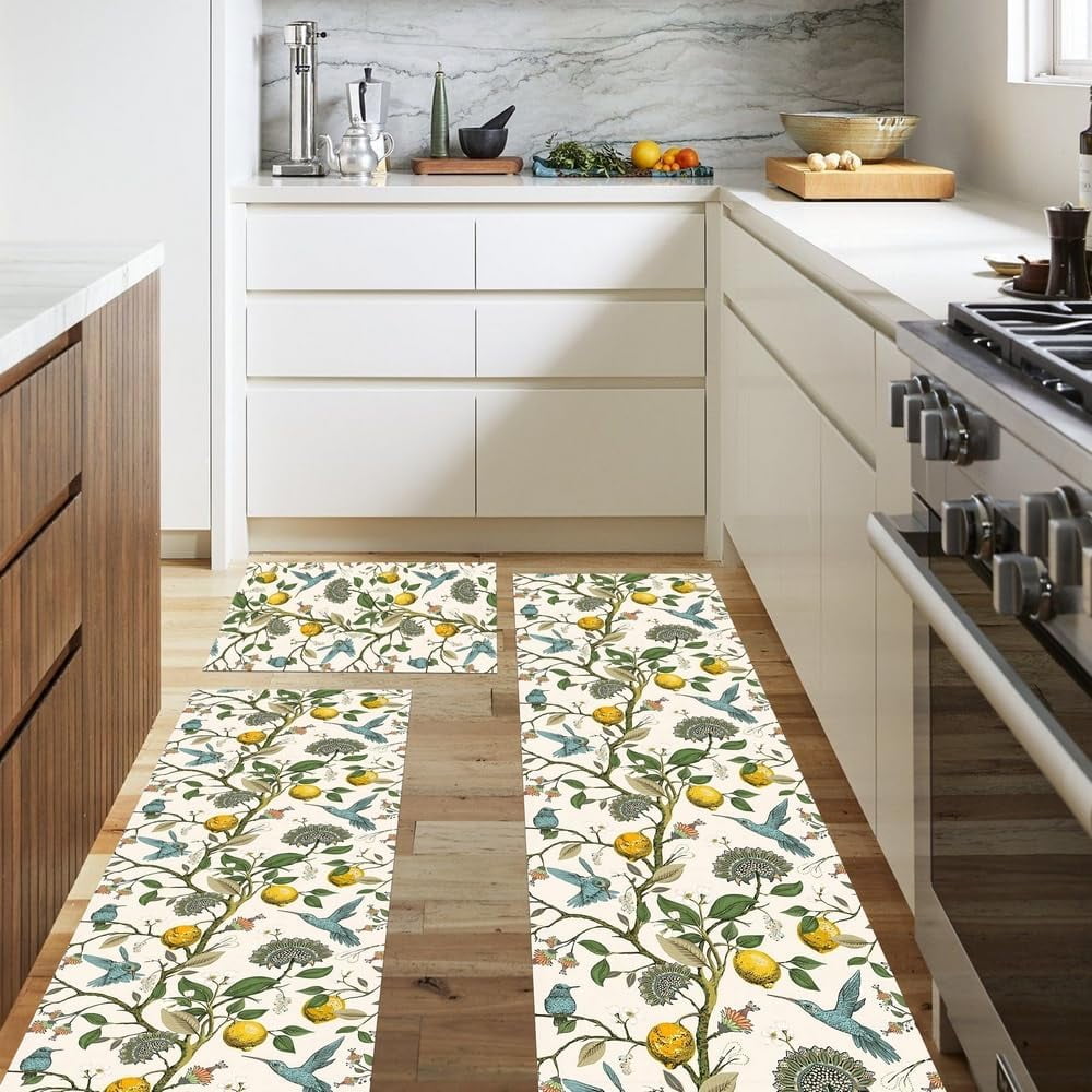 Lemon Tree Floral Hummingbird Kitchen Rugs Sets of 3,Non Slip Rubber Kitchen Mats for Floor Farmhouse Washable Kitchen Area Rugs Floor Carpet Runners for Hallway Laundry Room,Yellow/Green