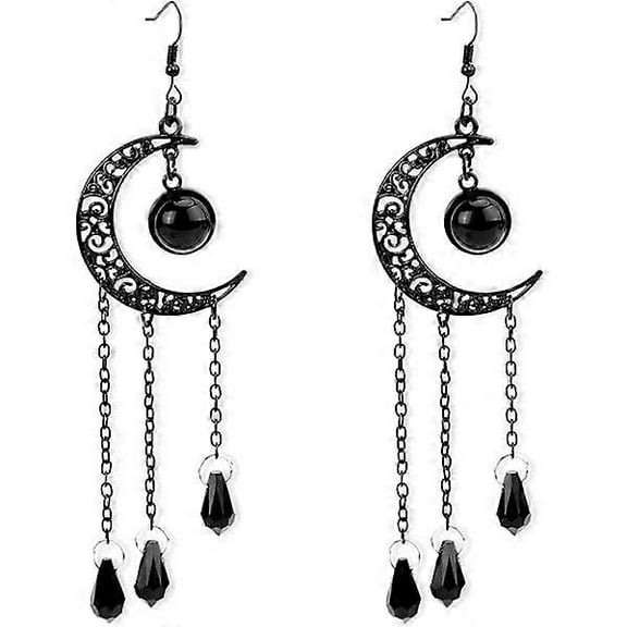 Gothic Moon Earrings, Black Goth Moon Drop Earrings, Witch Celestial Hanging Earrings Black Hoop Ear Jewelry