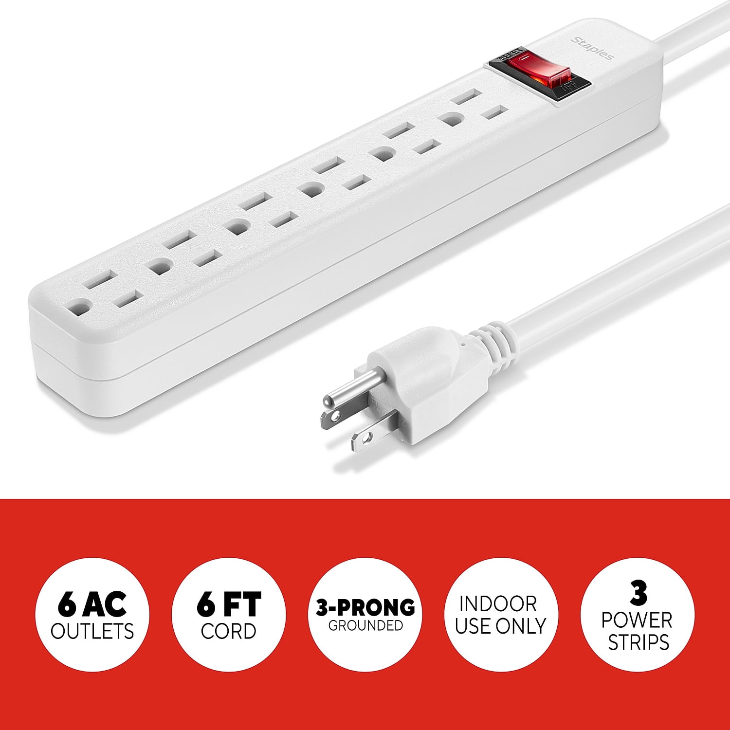 Staples 6-Outlet Power Strip 6' Cord White 3/Pack 42320