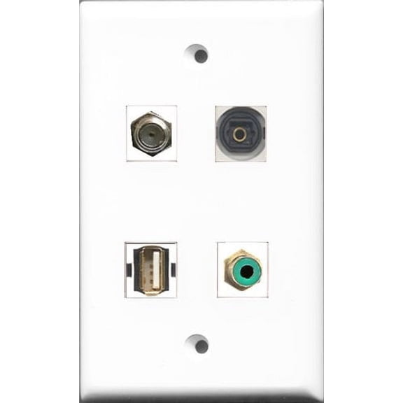 RiteAV 1 Port RCA Green and 1 Port Coax Cable TV- F-Type and 1 Port Shielded Cat6 Ethernet and 1 Port Toslink Wall Plate