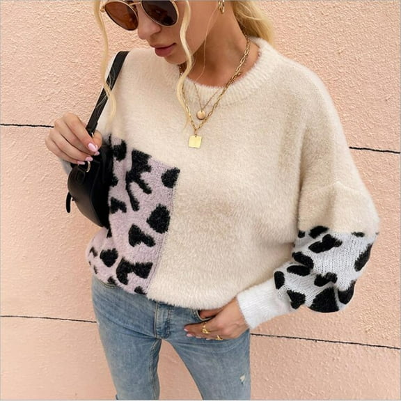 AOOCHASLIY 2023 Womens Sweater Women's Imitation Mink Knitted Round Neck Long Sleeve Contrast Leopard Sweater