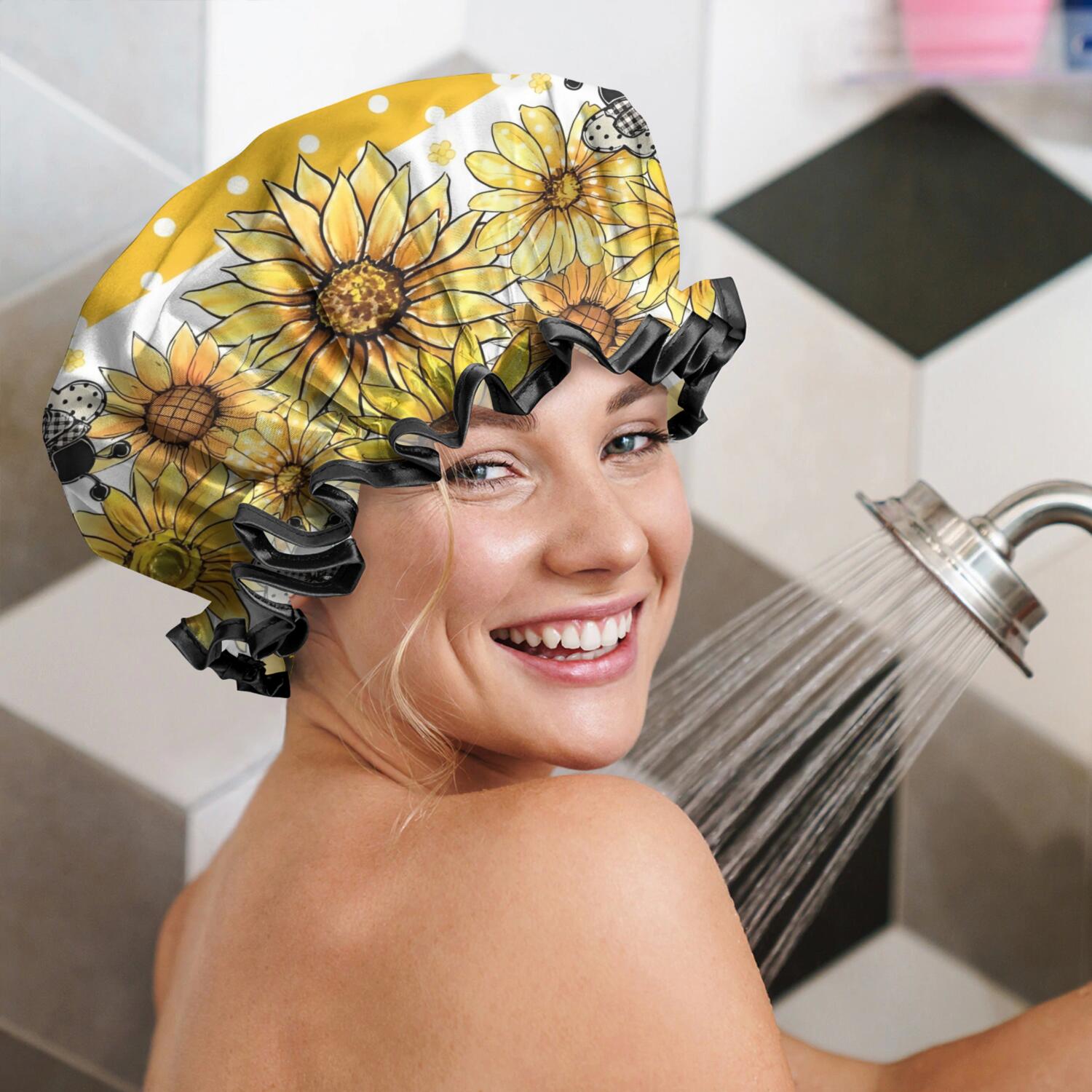 Shower Caps,Yellow Dot Sunflower Bee Pattern Waterproof Shower Cap for Women 4 Pieces,Double Reusable Hair Cover for Shower PEVA Elastic Stretch Hem