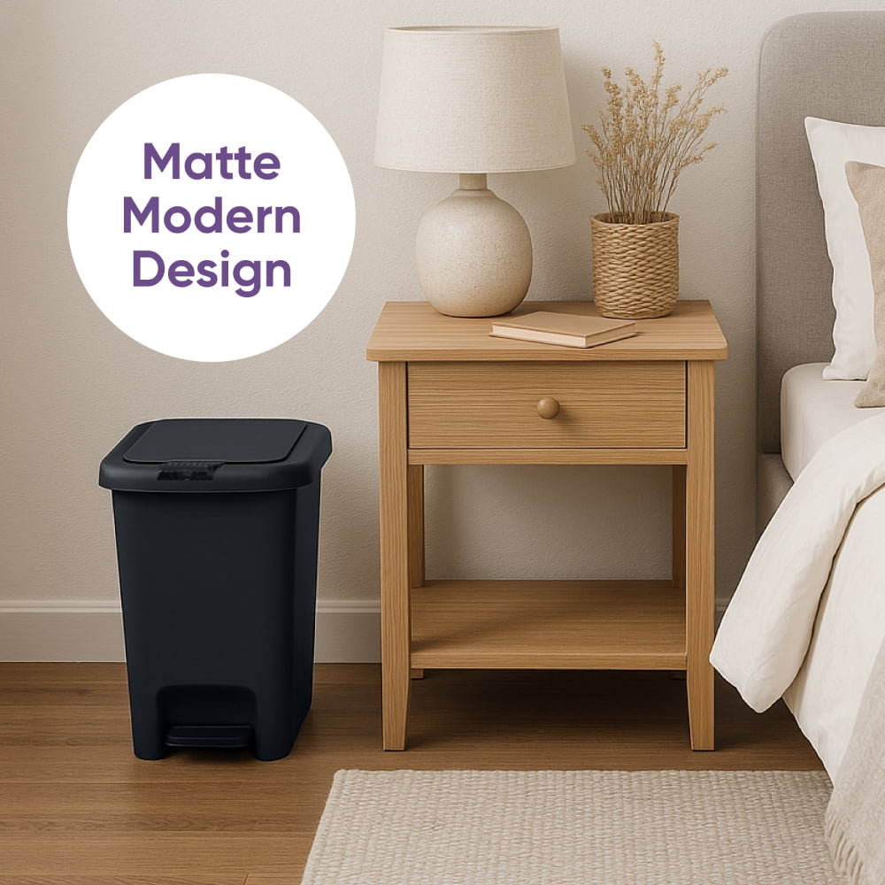 Superio 10L Slim Step & Push Trash Can - Dual Opening, Compact Design (10.63"x7.68"x13.53") - Black