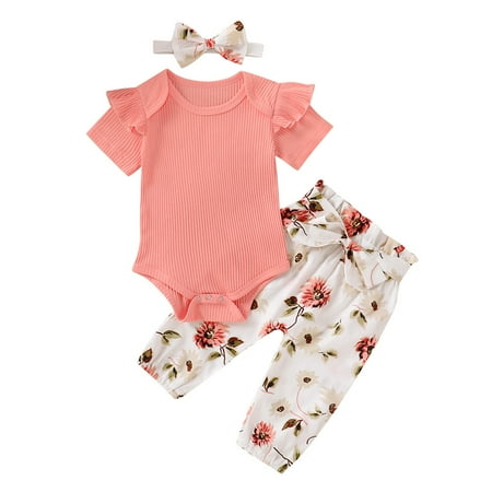 

EHTMSAK Newborn Infant Baby Toddler Girl Outfits Clothing Set Short Sleeve Summer Ruffle Bodysuit and Floral Pants Set with Headband Orange 0-2Y 100