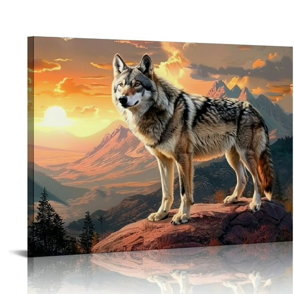 RUIYC Wolf Canvas Wall Art Wolf on the Mountains Pictures Prints Wall Decor Animals Landscape Artwork for Office Home Decor Framed